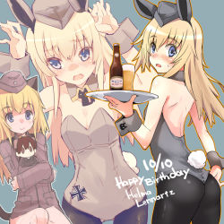 Rule 34 | 1girl, :&gt;, alcohol, animal ears, ass, bare shoulders, beer, beer bottle, blonde hair, blue eyes, blush, brown eyes, brown hair, caramelldansen, cat ears, cat tail, character doll, cross, dated, dog ears, fake animal ears, fujii jun, gertrud barkhorn, happy birthday, hat, helma lennartz, hugging doll, hugging object, iron cross, leotard, long hair, looking at viewer, military, military uniform, open mouth, pantyhose, playboy bunny, rabbit ears, rabbit tail, sitting, solo, strike witches, strike witches: suomus misfits squadron, sweatdrop, tail, tray, twintails, uniform, world witches series, wrist cuffs