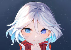 Rule 34 | 1girl, blue eyes, blue hair, colored inner hair, commentary request, furina (genshin impact), genshin impact, highres, looking at viewer, multicolored hair, no headwear, red scarf, scarf, smile, solo, white hair, wo chi xiangjiao pi