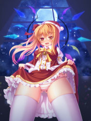 Rule 34 | 1girl, absurdres, alternate costume, asymmetrical hair, asymmetrical wings, bad id, bad nicoseiga id, blonde hair, blush, clothes lift, dragoner, fang, flandre scarlet, from below, hat, heart, heart-shaped pupils, highres, indoors, looking at viewer, open mouth, panties, pantyshot, red eyes, santa hat, side ponytail, skirt, skirt lift, solo, striped clothes, striped panties, symbol-shaped pupils, thighhighs, touhou, underwear, white thighhighs, wings, zettai ryouiki