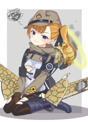 Rule 34 | 1girl, ash arms, boots, breasts, character request, hat, highres, looking at viewer, mecha musume, military, military hat, military uniform, orange hair, pantyhose, purple eyes, saettanmm336, side ponytail, simple background, sitting, small breasts, smoke, solo, tears, torn clothes, uniform, white background