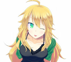 Rule 34 | 1girl, :p, ahoge, arms behind back, blonde hair, green eyes, highres, hoshii miki, hujikok, idolmaster, idolmaster (classic), leaning forward, long hair, looking at viewer, one eye closed, simple background, solo, tongue, tongue out