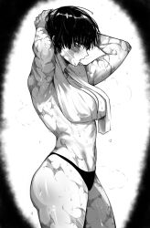Rule 34 | 1girl, absurdres, black panties, breasts, burn scar, greyscale, highres, jujutsu kaisen, masoq, md5 mismatch, midriff, monochrome, multiple scars, muscular, muscular female, navel, panties, scar, scar on arm, scar on back, scar on face, scars all over, short hair, solo, steam, too many, towel, underwear, wet, zen&#039;in maki