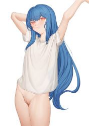 Rule 34 | 1girl, arm up, blue hair, blush, bottomless, cameltoe, cleft of venus, closed mouth, commentary request, cowboy shot, flat chest, highres, hinanawi tenshi, leaning to the side, light smile, long hair, looking at viewer, ni (221), no headwear, pussy, shirt, short sleeves, simple background, solo, touhou, uncensored, underwear, white background, white shirt