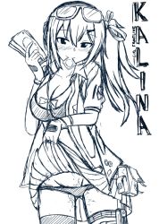 Rule 34 | 1girl, blue theme, blush, breasts, cleavage, closed mouth, clothes lift, commentary, condom, condom in clothes, eyewear on head, girls&#039; frontline, gloves, hair between eyes, hair ribbon, holding, holding money, jacket, kalina (girls&#039; frontline), long hair, looking at viewer, money, monochrome, open clothes, open jacket, panties, ribbon, short sleeves, side ponytail, simple background, skirt, skirt lift, smile, solo, standing, underwear, white background, xandier59