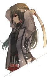 Rule 34 | 1girl, armor, breastplate, from side, green eyes, green hair, hachimaki, hair down, headband, jinbaori, kantai collection, long hair, muneate, official alternate costume, official alternate hairstyle, protected link, rinto (rint rnt), simple background, solo, third-party source, tying headband, upper body, white background, zuikaku (kancolle), zuikaku kai ni (kancolle)
