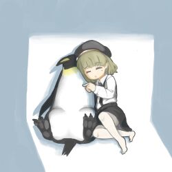 Rule 34 | 1girl, :o, against wall, beret, bird, black hat, black skirt, brown hair, closed eyes, collared shirt, commentary request, crack of light, emperor penguin, full body, hat, hatoba tsugu, highres, index finger raised, leaning on animal, long sleeves, medium hair, mole, mole under eye, no shoes, open mouth, pantyhose, penguin, shadow, shirt, sitting, skirt, sleeping, solo, suspender skirt, suspenders, testest, toes, tsugu (vtuber), virtual youtuber, white background, white pantyhose, white shirt