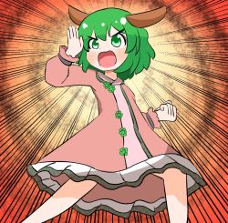 Rule 34 | 1girl, animal ears, blush, clenched hand, coruthi, dog ears, dog tail, dress, emphasis lines, feet out of frame, green eyes, green hair, hair between eyes, kasodani kyouko, long sleeves, open mouth, pink dress, short hair, solo, tail, touhou