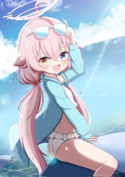 Rule 34 | 1girl, :d, absurdres, adjusting eyewear, ahoge, arm up, ass, bikini, blue-tinted eyewear, blue archive, blue eyes, blue jacket, blue sky, blush, cloud, commentary request, day, eyewear on head, fang, frilled bikini, frills, hair between eyes, hair bobbles, hair ornament, halo, heterochromia, highres, horizon, hoshino (blue archive), jacket, jiu (sdesd3205), long sleeves, looking at viewer, low twintails, ocean, open clothes, open jacket, open mouth, outdoors, pink hair, red eyes, sitting, sky, smile, solo, straddling, sunglasses, swimsuit, tinted eyewear, twintails, water, white-framed eyewear, white bikini