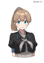 Rule 34 | 1girl, blue eyes, blush, breasts, brown hair, closed mouth, cropped torso, hair between eyes, highres, intrepid (kancolle), kantai collection, one-hour drawing challenge, ponytail, puffy short sleeves, puffy sleeves, shirt, short sleeves, simple background, solo, twitter username, upper body, white background, yamano rita