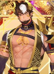 Rule 34 | 1boy, abs, absurdres, areola slip, armlet, bara, bare pectorals, beard, black hair, body markings, closed mouth, cropped, dark-skinned male, dark skin, earrings, facial hair, facial mark, fangs, fangs out, forked eyebrows, genshin impact, highres, horns, japanese clothes, jewelry, large pectorals, looking at viewer, male focus, multicolored hair, muscular, muscular male, navel, nipples, open clothes, pectorals, personification, scar, scar on stomach, short hair, shoulder spikes, sideburns, single shoulder pad, solo, spikes, two-tone hair, ushi (genshin impact), white hair, yellow eyes, zhineart