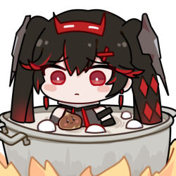 1girl black_hair bright_pupils chibi chibi_only chinese_commentary commentary_request earrings euyueuy frown gradient_hair hair_ornament horn_hairband horns in_pot jewelry long_hair looking_down lucia:_dawn_(pgr) lucia_(pgr) multicolored_hair official_art punishing:_gray_raven red_eyes red_hair red_horns simple_background solo twintails upper_body white_background white_pupils x_hair_ornament