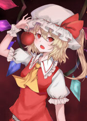 Rule 34 | 1girl, absurdres, apple, ascot, blonde hair, breasts, collared shirt, crystal, dark background, flandre scarlet, food, frilled shirt collar, frills, fruit, hat, hat ribbon, head tilt, highres, holding, holding food, holding fruit, kuro wa shinoru, looking at viewer, medium hair, mob cap, multicolored wings, one side up, open mouth, puffy short sleeves, puffy sleeves, red apple, red background, red eyes, red ribbon, red skirt, red vest, ribbon, shirt, short sleeves, simple background, skirt, small breasts, solo, teeth, touhou, upper teeth only, vest, white hat, white shirt, wings, wrist cuffs, yellow ascot