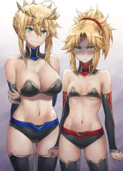 Rule 34 | 2girls, ahoge, angry, arm behind back, artoria pendragon (fate), artoria pendragon (lancer) (fate), bare shoulders, black bra, black legwear, black shorts, blonde hair, blush, bra, braid, breast envy, breasts, bridal gauntlets, cleavage, closed mouth, collarbone, crown, detached sleeves, embarrassed, fate/apocrypha, fate/grand order, fate (series), female focus, french braid, frown, glaring, gradient background, green eyes, hair between eyes, hair ornament, hair scrunchie, highres, large breasts, long hair, looking at viewer, mature female, mordred (fate), mordred (fate/apocrypha), mother and daughter, multiple girls, navel, parted bangs, ponytail, red scrunchie, scrunchie, shaded face, short shorts, shorts, sidelocks, small breasts, smile, thighhighs, thighs, tonee, underboob, underwear, v-shaped eyebrows