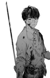 Rule 34 | 1boy, belt, black hair, blood, blood on clothes, blood on face, bloody weapon, broken eyewear, chamuring, crack, earbuds, earphones, glasses, greyscale, hatching (texture), highres, holding, holding weapon, jung jae-heon (sweet home), looking at viewer, male focus, monochrome, parted lips, shirt tucked in, simple background, sleeves rolled up, smile, solo, sweet home (manhwa), weapon, white background