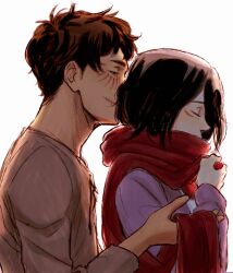 Rule 34 | 1boy, 1girl, absurdres, backlighting, brown hair, ceejles, closed eyes, commentary, english commentary, eren yeager, facial mark, facial scar, from side, half-closed eyes, highres, holding, holding clothes, holding scarf, medium hair, mikasa ackerman, red scarf, scar, scar on cheek, scar on face, scarf, scarf over mouth, shingeki no kyojin