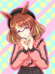Rule 34 | 1girl, absurdres, animal ears, beret, brown eyes, brown hair, casual, closed mouth, commentary request, glasses, hair between eyes, hair ornament, hat, heart, heart hands, highres, honznas, horse ears, horse girl, looking at viewer, north flight (umamusume), smile, solo, umamusume