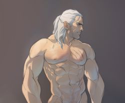 Rule 34 | 1boy, abs, apostlxiii, bara, character request, chest hair, completely nude, copyright request, groin, highres, large pectorals, looking to the side, male focus, male pubic hair, mature male, muscular, muscular male, navel, navel hair, nipples, nude, old, old man, paid reward available, pectorals, pubic hair, scar, scar on chest, short hair, sideburns, solo, stomach, the witcher (series), the witcher 3, upper body, white hair