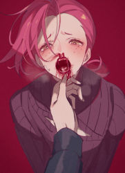 Rule 34 | 1boy, blood, blood in mouth, blood on face, freckles, grabbing another&#039;s chin, hand on another&#039;s chin, jojo no kimyou na bouken, male focus, namihaya, nosebleed, open mouth, pink hair, ponytail, ribbed sweater, solo focus, sweater, tears, turtleneck, vento aureo, vinegar doppio, yellow eyes