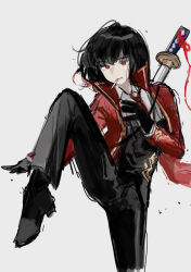 Rule 34 | absurdres, black hair, black pants, cigarette, coat, highres, jellying, leg up, limbus company, looking at viewer, pants, project moon, red coat, ryoshu (project moon), sword, weapon