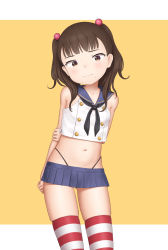 Rule 34 | 1girl, absurdres, arms behind back, black hairband, black neckerchief, black panties, blue sailor collar, blue skirt, brown eyes, brown hair, commentary request, cosplay, cowboy shot, elbow gloves, gloves, hair bobbles, hair ornament, hairband, highleg, highleg panties, highres, kantai collection, looking at viewer, medium hair, microskirt, miniskirt, neckerchief, orange background, original, panties, pleated skirt, sailor collar, sc naru, shimakaze (kancolle), shimakaze (kancolle) (cosplay), skirt, solo, standing, striped clothes, striped thighhighs, thighhighs, two-tone background, two side up, underwear, white gloves