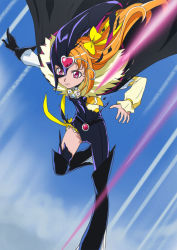 Rule 34 | 10s, 1girl, black gloves, bow, brooch, cloud, cure muse, cure muse (black), cure muse (yellow), day, gloves, hair bow, haruyama kazunori, jewelry, long hair, magical girl, orange hair, pink eyes, precure, shirabe ako, sky, solo, spoilers, suite precure, torn clothes