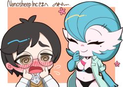 Rule 34 | 1boy, 1girl, alternate color, black bra, black hair, black panties, blue hair, bob cut, bra, breasts, chibi, choker, creatures (company), dr. voir (nanosheep), game freak, gardevoir, gen 3 pokemon, glasses, hair ornament, hairclip, lab coat, mega stone, mole, mole under eye, nanosheep (character), nintendo, noati, panties, pokemon, pokemon (creature), thighhighs, underwear