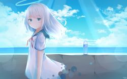 Rule 34 | 1girl, absurdres, bad id, bad pixiv id, blue eyes, blue sailor collar, blue sky, blush, bottle, character request, closed mouth, cloud, cloudy sky, commentary request, crying, crying with eyes open, day, dress, from side, halo, highres, horizon, long hair, neck ribbon, ocean, outdoors, red ribbon, ribbon, sailor collar, sailor dress, short sleeves, silver hair, sky, smile, solo, tateishi kureha, tears, transparent, twitter username, vocaloid, water, water bottle, white dress