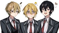 Rule 34 | 1girl, 2boys, @ @, black eyes, black hair, black jacket, black vest, blonde hair, brown eyes, clenched teeth, closed mouth, collared shirt, commentary request, don quixote (project moon), empty eyes, hair between eyes, highres, jacket, limbus company, mu46016419, multiple boys, necktie, open clothes, open jacket, open mouth, personality switch, project moon, red necktie, shirt, short hair, sinclair (project moon), smile, sparkling eyes, suit jacket, sweat, teeth, vest, white shirt, wide-eyed, yi sang (project moon)