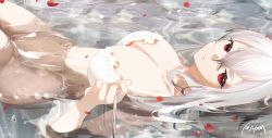 Rule 34 | 1girl, arknights, arm up, ass, bare shoulders, bikini, breasts, cleavage, closed mouth, crossed bangs, hair between eyes, in water, large breasts, long hair, looking at viewer, lying, navel, omone hokoma agm, on back, petals, red eyes, signature, silver hair, skadi (arknights), solo, swimsuit, thighs, water, wet, white bikini