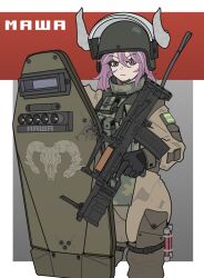 Rule 34 | 1girl, ammunition pouch, animal skull, assault rifle, ballistic shield, black gloves, body armor, border, brown jacket, brown pants, bullpup, buttoned cuffs, buttons, camouflage, closed mouth, combat helmet, commentary, cyrillic, electroshock weapon, english commentary, fake horns, feet out of frame, flash shield, flip-up sight, gloves, glowstick, goat horns, gp-25, grenade launcher, grey background, grey headwear, gun, gun sling, hair between eyes, handle, helmet, highres, holding, holding gun, holding weapon, horns, jacket, kalashnikov rifle, less-than-lethal weapon, light purple hair, long bangs, long sleeves, military jacket, military operator, multicolored clothes, multicolored jacket, original, ots-14 groza, outside border, pants, patch, pocket, pouch, purple eyes, purple hair, red background, rifle, scratched paint, screw, serious, shield, shoulder patch, solo, stun shield, suihei (foltheck), tactical clothes, thigh strap, translated, triangle, trigger discipline, two-tone background, two-tone gloves, two-tone jacket, two-tone pants, underbarrel grenade launcher, visor (armor), visor lift, weapon, weapon name, white border