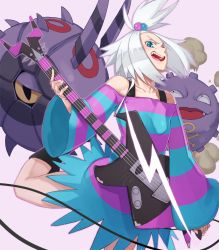Rule 34 | bass guitar, blue eyes, creatures (company), dress, game freak, gen 1 pokemon, gen 5 pokemon, guitar, gym leader, hair bobbles, hair ornament, instrument, jumping, kaito nina, koffing, looking at viewer, nintendo, plectrum, pokemon, pokemon (creature), pokemon bw2, roxie (pokemon), smile, striped clothes, striped dress, whirlipede, white hair