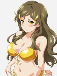 Rule 34 | 1girl, bare shoulders, bikini, blush, bra, breasts, brown hair, cleavage, clenched hand, closed mouth, collarbone, female focus, frilled bikini, frills, green hair, hair ornament, hairclip, hairu, highres, large breasts, long hair, navel, shinomiya himawari, simple background, solo, standing, swimsuit, underwear, upper body, vividred operation, white background, yellow bikini, yellow eyes