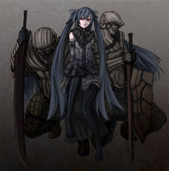 Rule 34 | armor, bad id, bad pixiv id, black hair, blue hair, detached sleeves, feathers, long hair, military, original, oxygen mask, red eyes, sigama, sword, thighhighs, twintails, very long hair, weapon