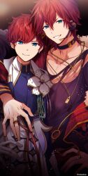 Rule 34 | 2boys, aiguillette, amagi hiiro, amagi rinne, arm around shoulder, black collar, black shirt, blue eyes, blue shirt, boutonniere, brothers, brown background, chain necklace, collar, dress shirt, earpiece, earrings, ensemble stars!, flower, fur-trimmed jacket, fur trim, gloves, gradient background, hair between eyes, hand on own hip, highres, jacket, jewelry, looking at viewer, male focus, multiple boys, multiple rings, necklace, o-ring, odayakao, off shoulder, official alternate costume, parted lips, pendant, red hair, red jacket, ring, shirt, short hair, siblings, single earring, smile, swept bangs, torn clothes, torn shirt, triangle earrings, upper body, vest, white flower, white gloves, white jacket, white vest