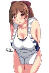 Rule 34 | 1girl, apron, arms behind back, blue one-piece swimsuit, blush, breasts, brown hair, cleavage, commentary request, dated, hair ornament, hair ribbon, hairclip, highres, kantai collection, kappougi, large breasts, long hair, mamiya (kancolle), montemasa, one-piece swimsuit, open mouth, partial commentary, red eyes, red ribbon, ribbon, simple background, solo, swimsuit, twitter username, white apron, white background