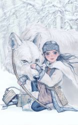Rule 34 | 1girl, ainu clothes, arrow (projectile), asirpa, black hair, black legwear, blue eyes, bow (weapon), cloak, golden kamuy, headband, highres, long hair, looking at viewer, outdoors, quiver, retar, rolo tomassi, sheath, sheathed, sitting, snow, weapon, yellow eyes