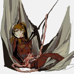 Rule 34 | 1girl, bident, blood, bloody tears, blue eyes, bodysuit, brown hair, commentary, death, disembowelment, feet out of frame, guro, hair between eyes, intestines, lance of longinus (evangelion), long bangs, long hair, looking at viewer, neon genesis evangelion, open mouth, plugsuit, polearm, red bodysuit, solo, souryuu asuka langley, stab, the end of evangelion, weapon, white background, zvz (tt82295946)