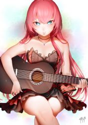 Rule 34 | 1girl, bare arms, blue eyes, blue gemstone, breasts, brown dress, cleavage, crossed legs, dress, floating hair, gem, hair between eyes, hair over shoulder, highres, holding, holding instrument, instrument, invisible chair, jewelry, long hair, looking at viewer, medium breasts, megurine luka, mouth hold, pendant, pink hair, project diva (series), short dress, sitting, solo, straight hair, strapless, strapless dress, very long hair, vocaloid, zasshu