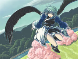Rule 34 | 00s, 1girl, antenna hair, black wings, boots, day, field, flying, forest, green eyes, green hair, camyu, matching hair/eyes, mountain, nature, outdoors, river, short hair, sky, solo, tree, twoirons, utawarerumono, wind, wind lift, wings