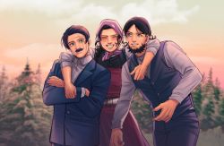 Rule 34 | 1girl, 2boys, arm around neck, beard, black hair, blue eyes, blurry, blurry background, crossed arms, day, dress, facial hair, formal, golden kamuy, highres, kiroranke, long hair, multiple boys, mustache, outdoors, pink headwear, scar, scar on face, scar on forehead, smile, sofia (golden kamuy), standing, suit, szhou00, vest, wilk (golden kamuy)