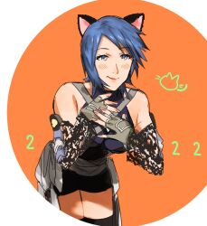 Rule 34 | 1girl, animal ears, aqua (kingdom hearts), bike shorts, black thighhighs, blue eyes, blue hair, blush, breasts, cat ears, closed mouth, detached sleeves, fingerless gloves, gloves, highres, kingdom hearts, kingdom hearts birth by sleep, lips, looking at viewer, mikuroron, short hair, smile, solo, thighhighs