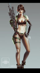 Rule 34 | 1girl, asymmetrical gloves, belt, bikini, bikini under clothes, black bikini, boots, breasts, brown hair, cleavage, combat boots, combat knife, contrapposto, explosive, eyeshadow, front-tie bikini top, front-tie top, gloves, grenade, gun, hand on own hip, holster, knife, letterboxed, makeup, metal gear (series), metal gear solid, metal gear solid v: the phantom pain, mismatched gloves, navel, pantyhose, quiet (metal gear), rifle, sebastian aburto nanco, sniper rifle, solo, standing, suspenders, swimsuit, swimsuit under clothes, thigh holster, torn clothes, torn pantyhose, weapon
