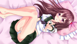 Rule 34 | 10s, 1girl, bare legs, barefoot, bed, blush, brown hair, covering privates, covering crotch, flower, hair ornament, highres, kantai collection, kisaragi (kancolle), kyamu (qqea92z9n), long hair, looking at viewer, lying, on back, open mouth, panties, pillow, purple eyes, reaching, reaching towards viewer, solo, underwear, white panties