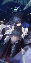 Rule 34 | 1girl, absurdres, black gloves, black hair, black pants, black shirt, blue archive, blue eyes, blue hair, blue halo, breasts, closed mouth, coat, colored inner hair, gloves, gun, halo, highres, holding, holding gun, holding weapon, hone (hone art), indoors, large breasts, long hair, multicolored hair, navel, open clothes, open coat, pants, saori (blue archive), shirt, sleeveless, sleeveless shirt, solo, weapon, white coat
