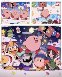 Rule 34 | 1up, :d, :o, ;d, adeleine, ahoge, aircraft, airship, arm up, armor, arms up, balloon, bandana, bandana waddle dee, bendedede, beret, blue bandana, blue eyes, blush, bow, brown eyes, brown hair, castle, chuchu (kirby), closed mouth, cloud, collared shirt, commentary, day, dimension mirror, english commentary, flying sweatdrops, full moon, fur-trimmed jacket, fur trim, gooey (kirby), green shirt, grey skirt, hair ornament, hairclip, hat, highres, holding, holding sign, jacket, jumping, king dedede, kirby, kirby (series), kracko, long sleeves, looking at viewer, lor starcutter, mask, meta knight, mirror, moon, night, night sky, nintendo, on cloud, on one knee, one-eyed, one eye closed, open clothes, open jacket, open mouth, outstretched arm, outstretched arms, parted bangs, pauldrons, pennant, red bow, red headwear, red jacket, rick (kirby), shirt, short hair, short sleeves, shoulder armor, sidelocks, sign, skirt, sky, smile, spikes, spread arms, star (sky), starry sky, string of flags, tower, ufo, ufo (kirby), waddle doo, yellow eyes