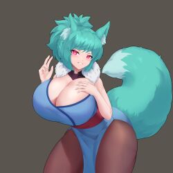Rule 34 | 1girl, absurdres, alyssa taiga (busmansam), animal ear fluff, animal ears, black pantyhose, breasts, cleavage, commission, green hair, grey background, highres, large breasts, looking at viewer, original, pantyhose, pelvic curtain, pockyland, red eyes, short hair, solo, tail, thighs, wolf ears, wolf girl, wolf tail