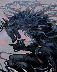 Rule 34 | bloodborne, commentary, creepy, from side, furry, furry male, horror (theme), monster, open mouth, own hands together, saprophilous, sharp teeth, signature, teeth, tongue, tongue out, vicar amelia, werewolf