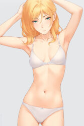 Rule 34 | 1girl, adjusting hair, armpits, arms up, blonde hair, bow, bow bra, bow panties, bra, breasts, chateau dankworth, cowboy shot, gluteal fold, green hair, grey background, highres, koroshi ai, long hair, looking at viewer, miura-n315, navel, panties, simple background, small breasts, solo, stomach, underwear, underwear only, white bra, white panties