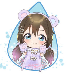 Rule 34 | 1girl, alternate hairstyle, animal ear headphones, animal ears, animal hands, aqua eyes, aqua ribbon, artist name, artist request, bear ears, blue eyes, blush, bow, braid, breasts, brown hair, center frills, cleavage, collared dress, dress, dress bow, fake animal ears, female focus, fluffy-wuffy shizu-bear (love live!), frilled skirt, frills, gloves, hair between eyes, hair ornament, hair ribbon, hair scrunchie, headphones, heart, heart hair ornament, lace, lace-trimmed dress, lace trim, long hair, looking at viewer, love live!, love live! nijigasaki high school idol club, love live! school idol festival, love live! school idol festival all stars, miniskirt, multicolored hairl, osaka shizuku, parted lips, paw gloves, pearl hair ornament, plaid, plaid dress, plaid skirt, pleated, pleated dress, pleated skirt, polka dot, polka dot scrunchie, pom pom (clothes), purple bow, purple dress, purple ribbon, purple scrunchie, purple skirt, ribbon, scrunchie, single braid, skirt, small breasts, smile, solo, twintails, white background, white bow