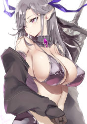 Rule 34 | 1girl, armor, bare shoulders, bikini armor, breasts, brooch, brown gloves, cleavage, closed mouth, commentary request, detached collar, detached sleeves, elf, gem, gloves, grey hair, highres, jewelry, large breasts, long hair, long sleeves, looking back, mole, mole under eye, original, pointy ears, purple eyes, signature, simple background, solo, strap gap, sword, upper body, weapon, white background, won (az hybrid)